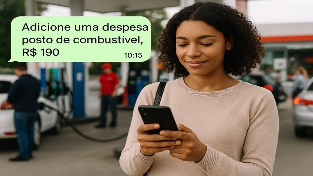 Mulher sorridente registra despesa de combustível no seu(assistentes financeiros) enquanto abastece em um posto